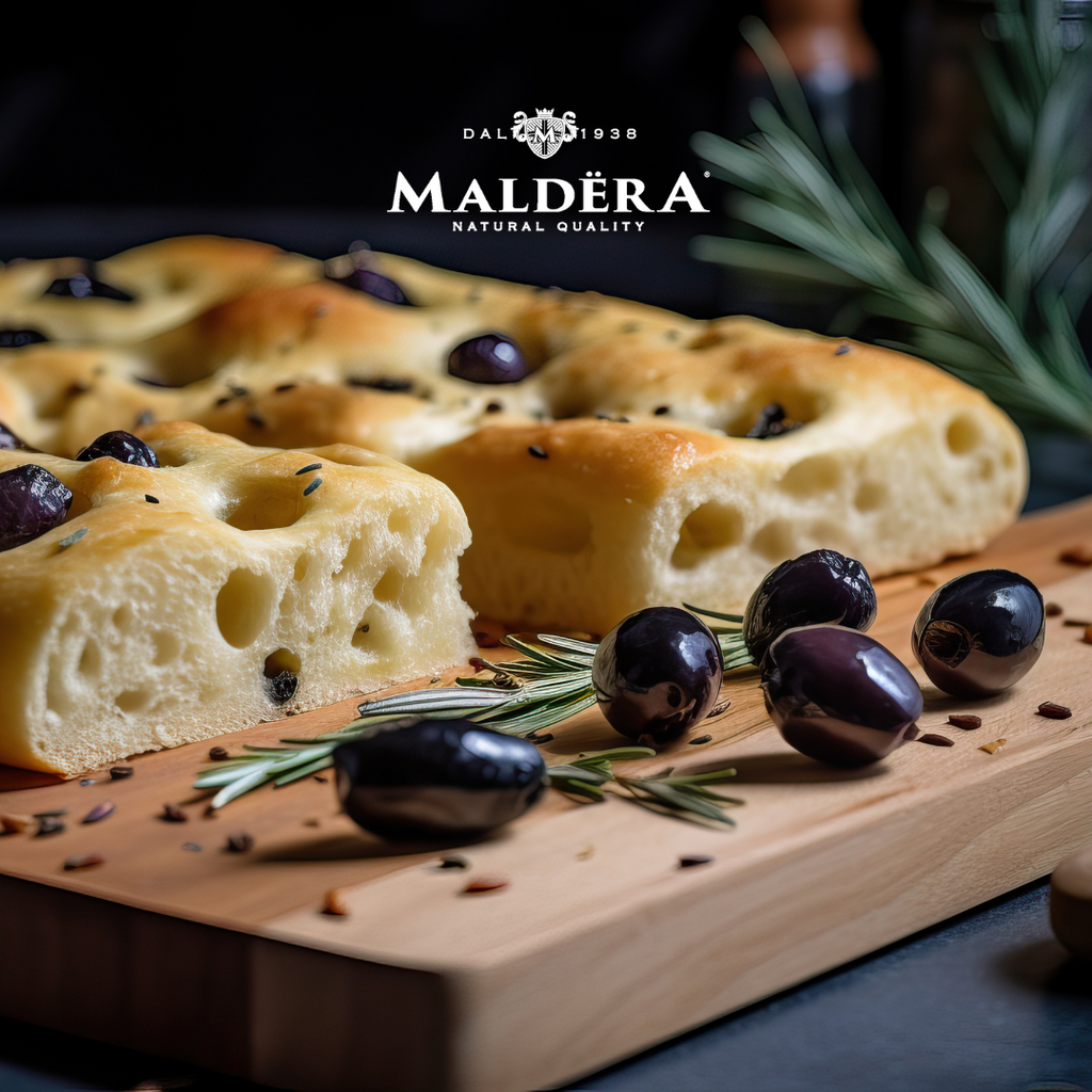 Focaccia bianca con olive nere, rosmarino e olio extravergine d'oliva Maldera